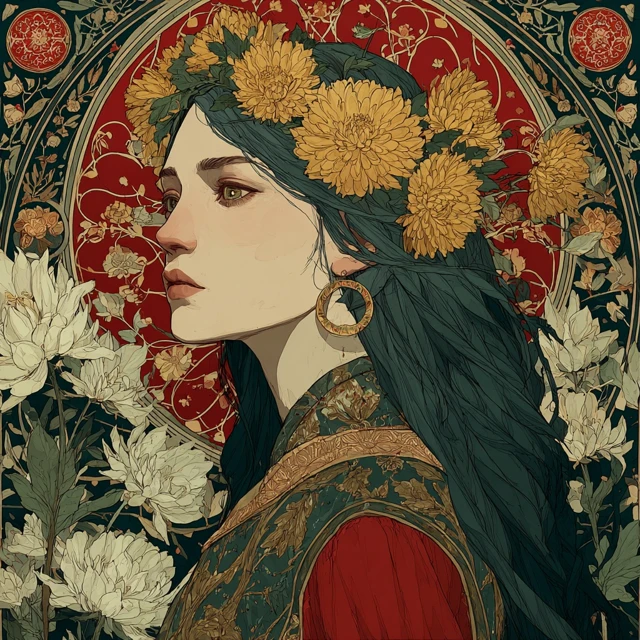 Art Nouveau Portrait Woman Chrysanthemum Crown