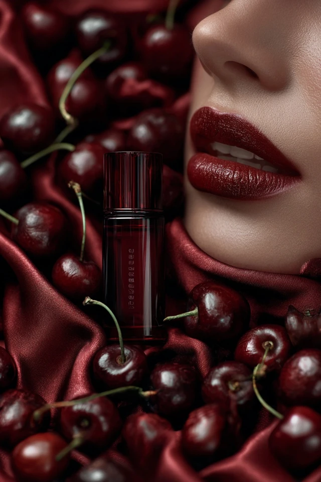 Cherry Flatlay Dark Cherries Satin Fabric Red Nails