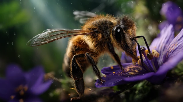 Bee Resting on Violet Flower Ultra Realistic Macro Shot
