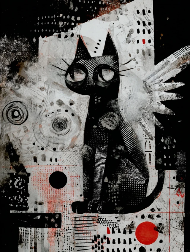 Winged Cat Dada Surrealism Black White Crimson