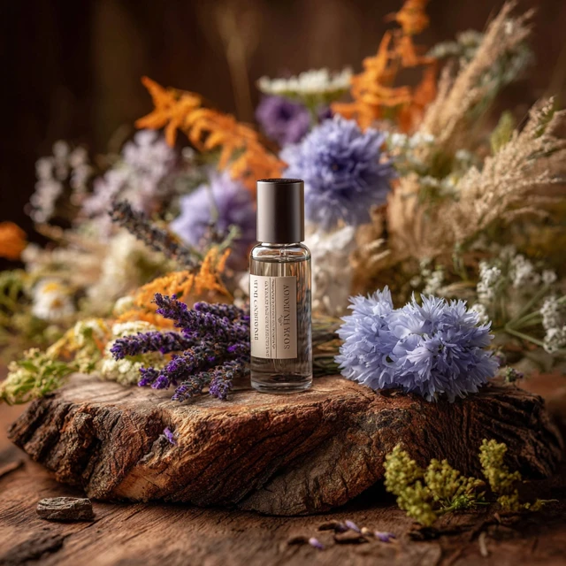 Perfume Bottle with Botanical Background