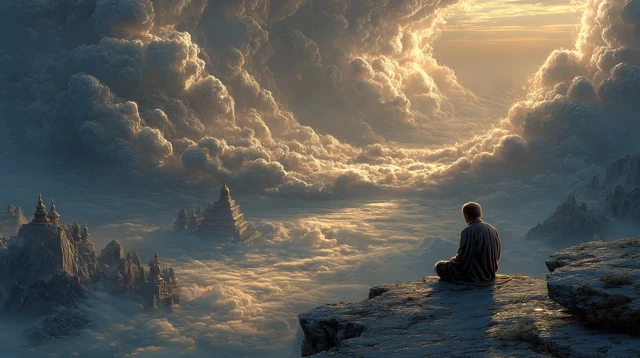 Buddha in Heavenly Clouds Surreal Landscape
