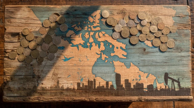 Canada Map Collage on Wood with Coins and Skylines