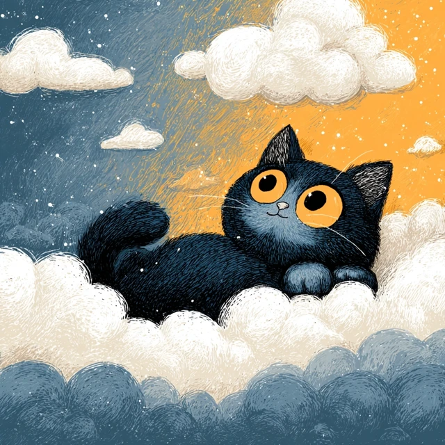 Cute Cat on Clouds Looking at Stars Pixar Style