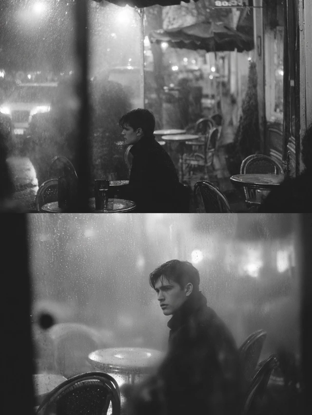 Rainy Cafe Scene Man Alone