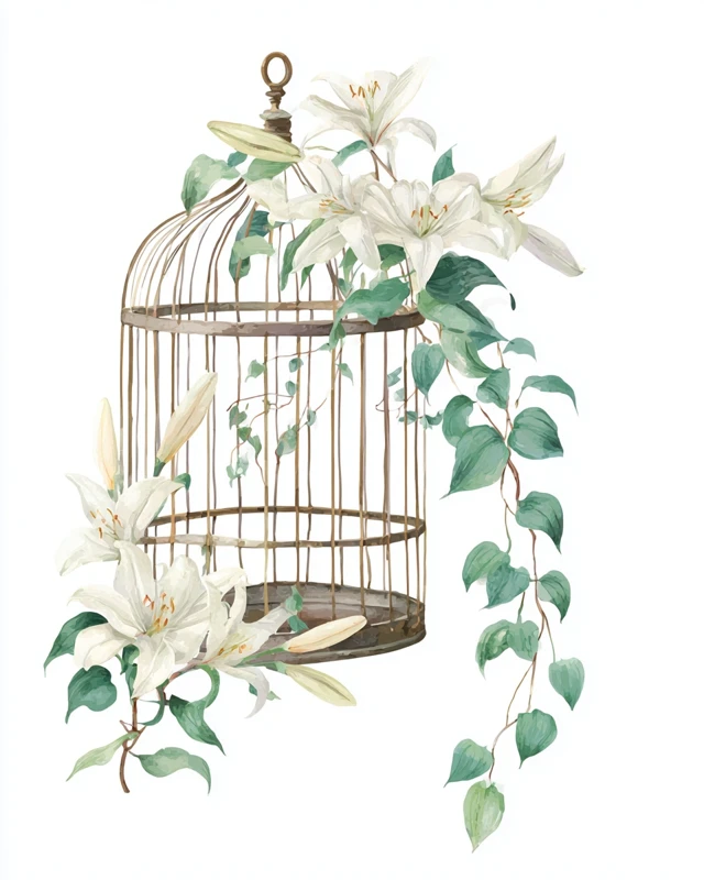 Watercolor Birdcage with Lilies and Greenery
