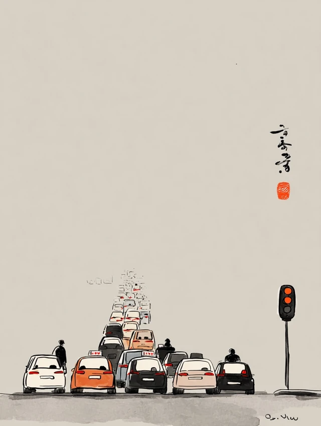 Traffic Jam Japanese Ink Drawing Morning Commute