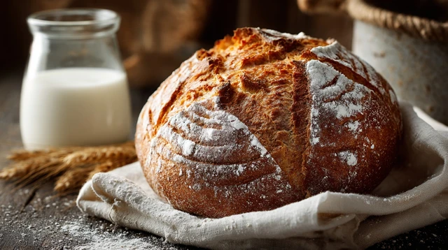 Freshly Baked Bread and Milk Rustic Still Life
