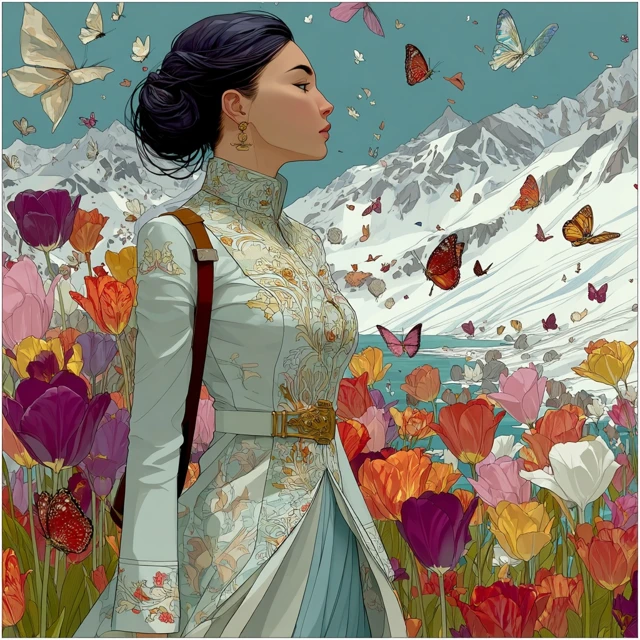 Uyghur Woman in Tulips Serene Luxury Portrait