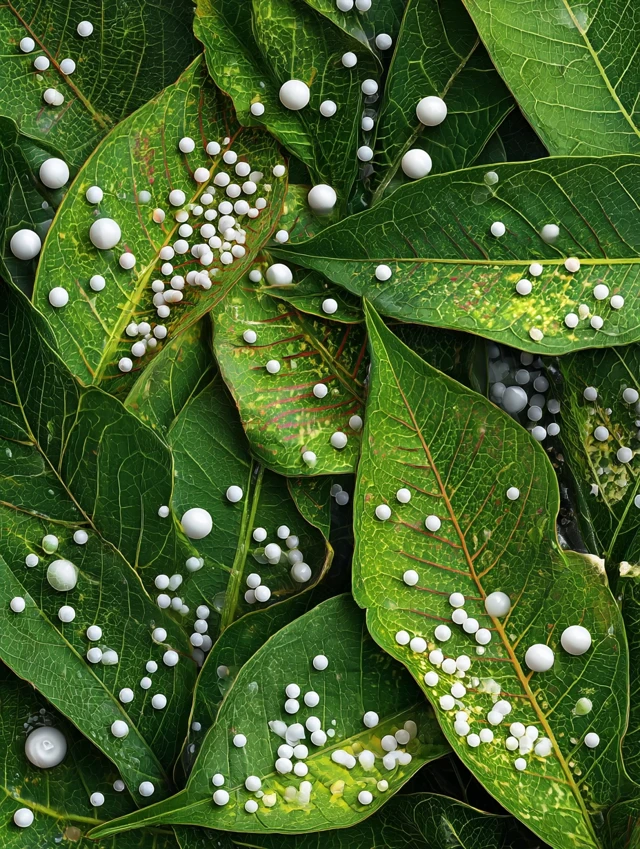 Green Leaves with White Insect Eggs Close Up