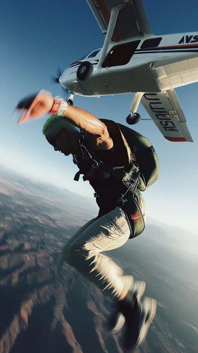 Skydiver Freefall Action Shot Neon Green Buzzcut