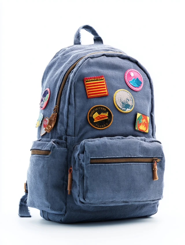 Cool Blue Teenager Backpack with Colorful Patches