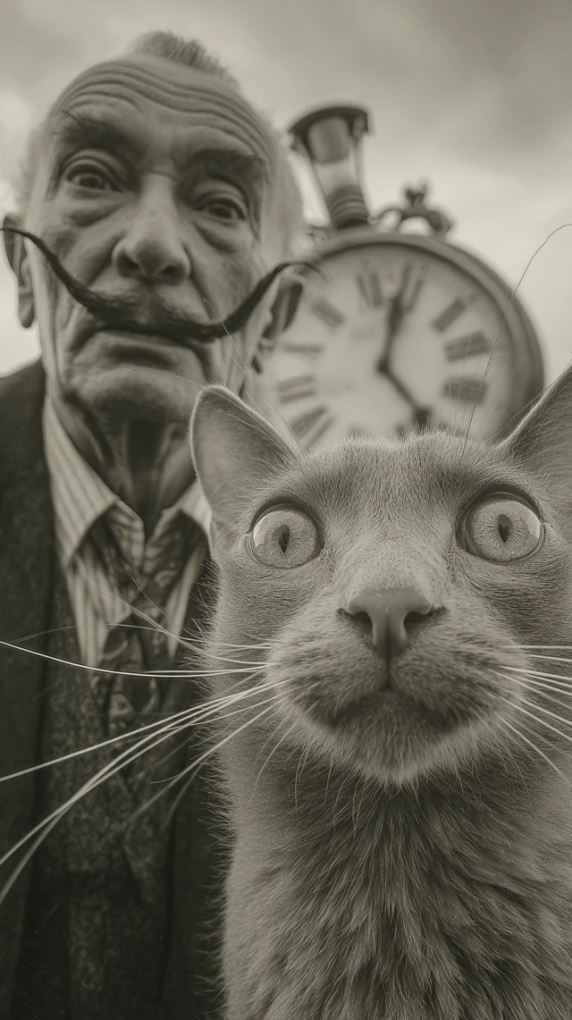 Surreal Cat Selfie with Dali Whiskers and Melting Clocks