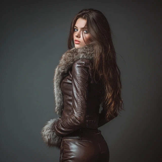 Young Woman in Leather Winter Outfit