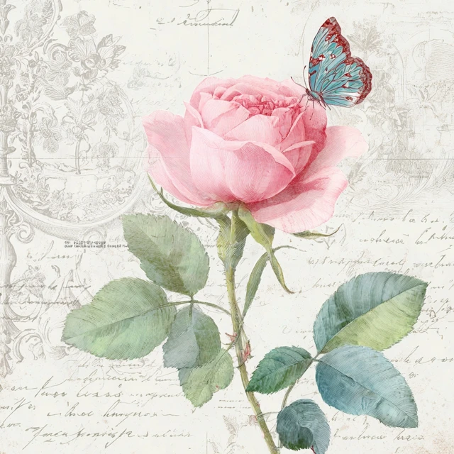 Vintage Watercolor Pink Rose Butterfly Art