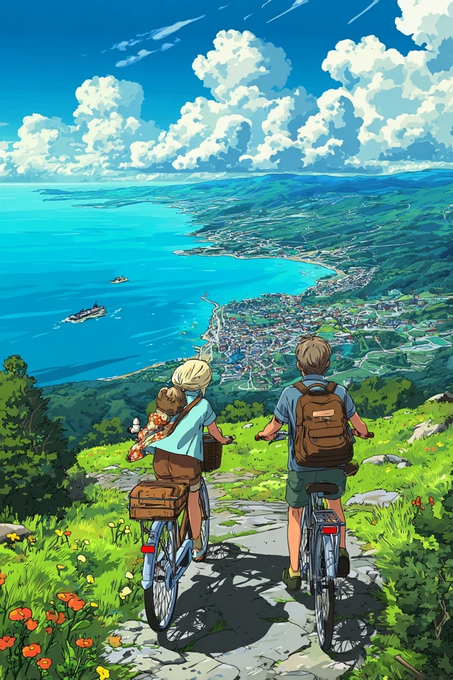 Studio Ghibli Anime Bicycle Ride Coastal Landscape