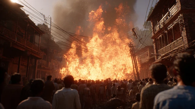 Burning Houses in India Crowd and Flames