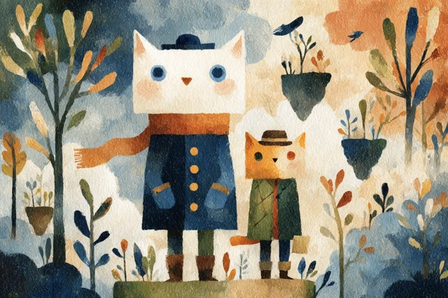 Whimsical Cat and Fox Adventure in a Floating Forest