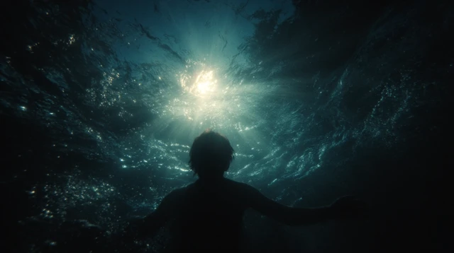 Underwater Scene Boy Floating Golden Hour