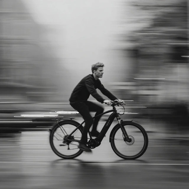 Ebike in the City Young Man Riding Fast Black and White