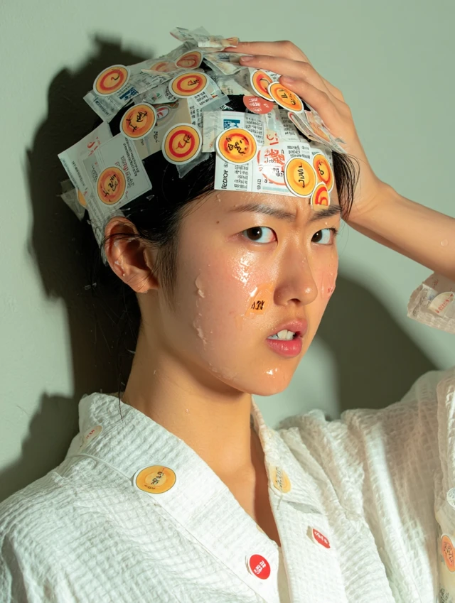 Korean Woman with Stickers on Face
