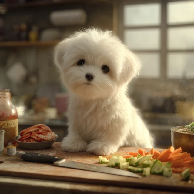 Maltese Puppy Chef Cooking Kimchi