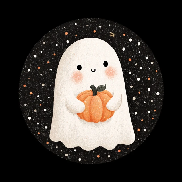 Cute Ghost with Pumpkin Vintage Halloween Illustration
