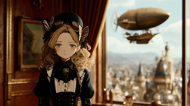 Steampunk Girl Anime Illustration with City and Airship