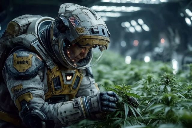 Astronaut in Space Lab Examining Hemp Plants