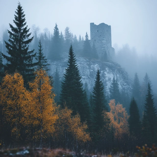 Finnish Castle in Lapland Foggy Autumn
