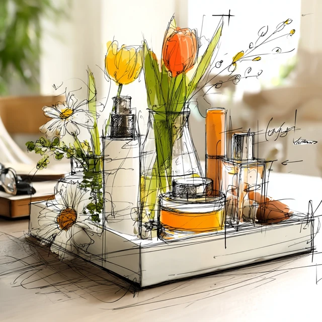 Cosmetics and Flowers Hand Drawn Sketch Art