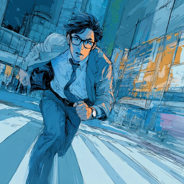 Japanese Man Running in City Manga Style Modern Art