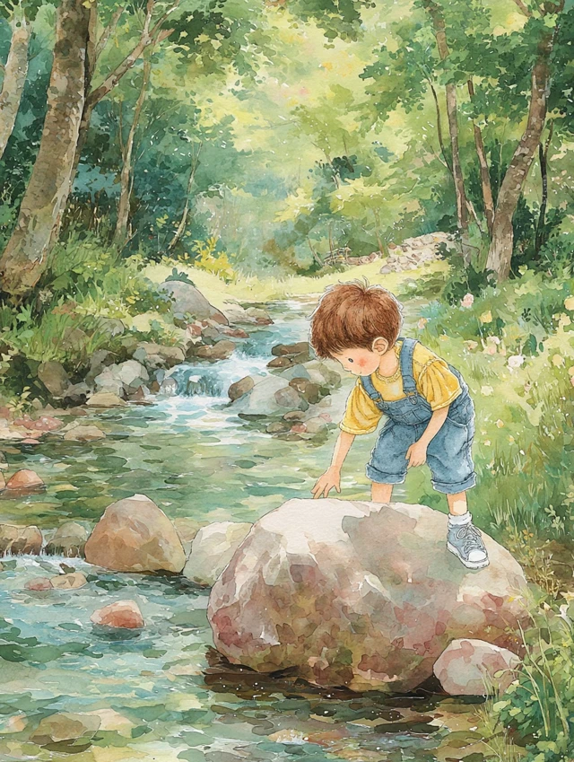 Boy Exploring Forest Stream Watercolor Art