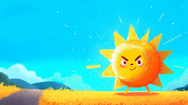 Smiling Sun Cartoon Illustration in a Blue Sky