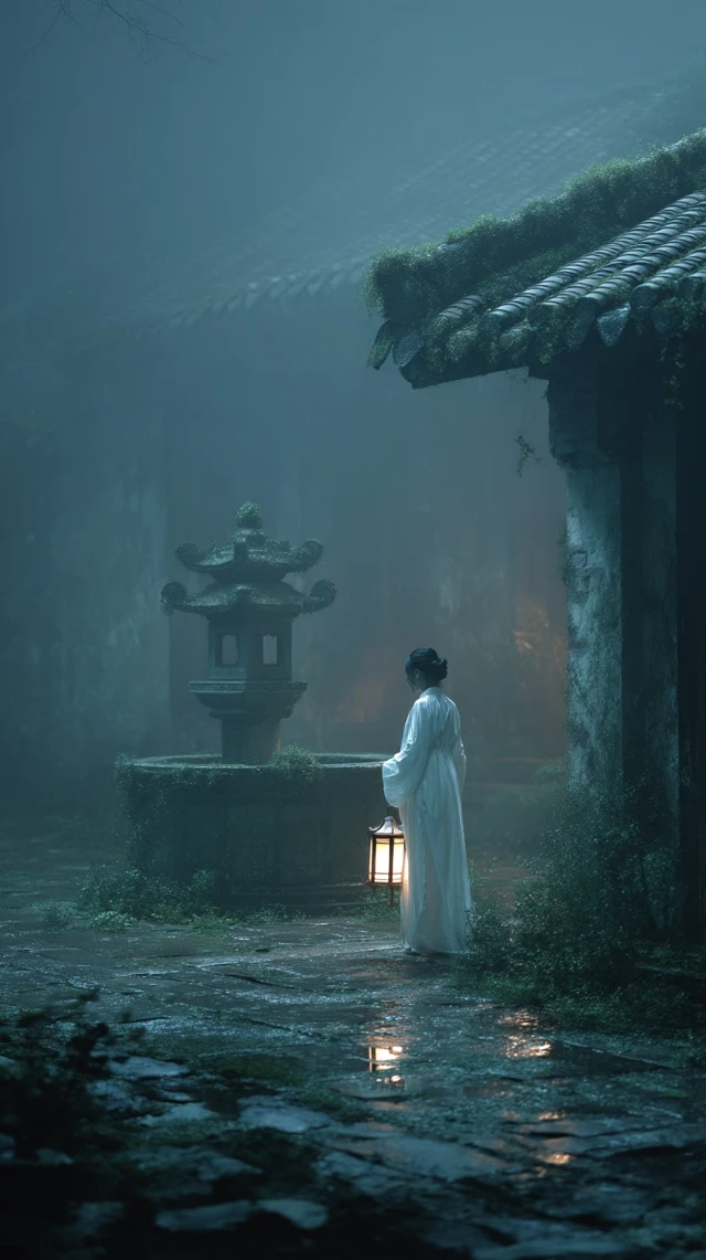 Ancient Chinese Girl in Foggy Courtyard