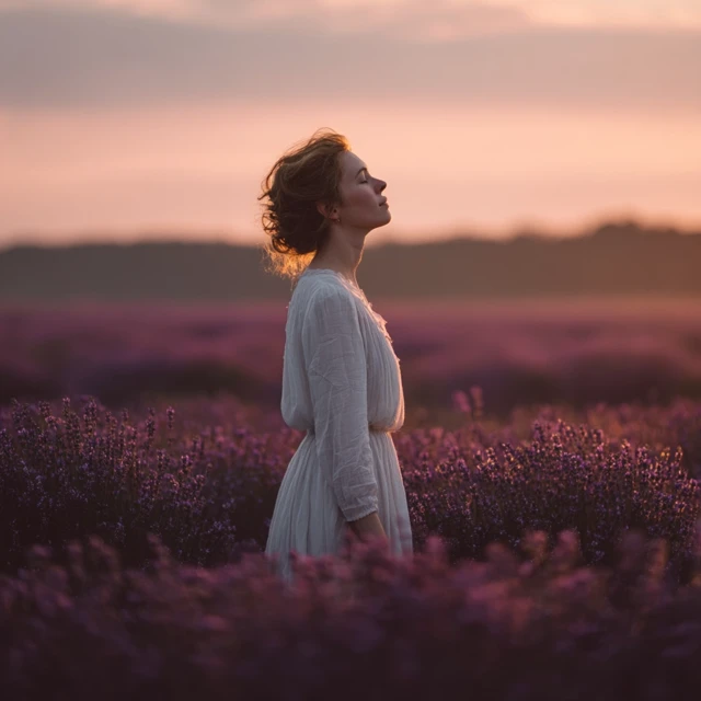 Woman in Lavender Field at Sunrise Photography