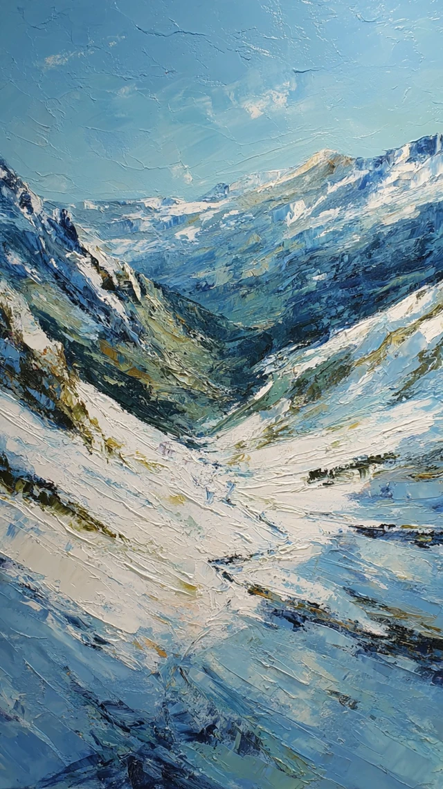 Alpine Snow and Glacier Valley Pallet Knife Painting
