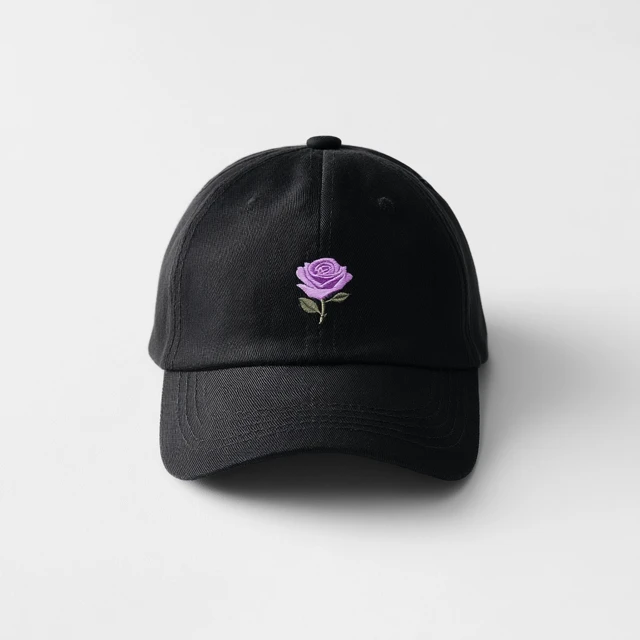 Black Baseball Cap with Embroidered Rose - Stylish and Modern
