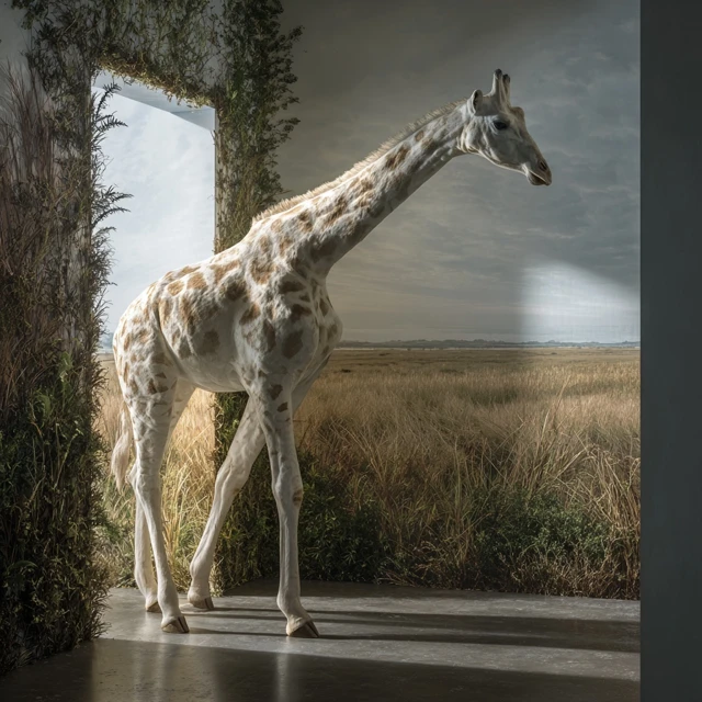 Hyperrealistic White Giraffe at Boundary Between Room and Savannah