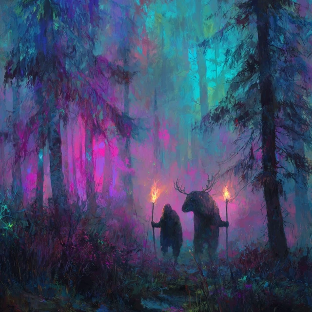 Neon Forest Creatures Foggy Wilderness