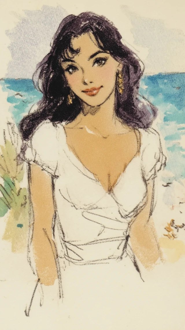 Asian Woman Portrait Beach Don Bluth Style