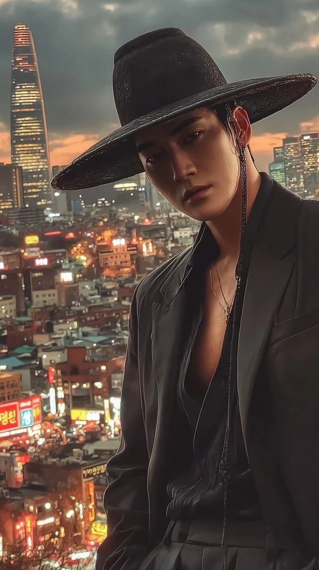 Seoul Night Asian Man in Black Gat and Suit