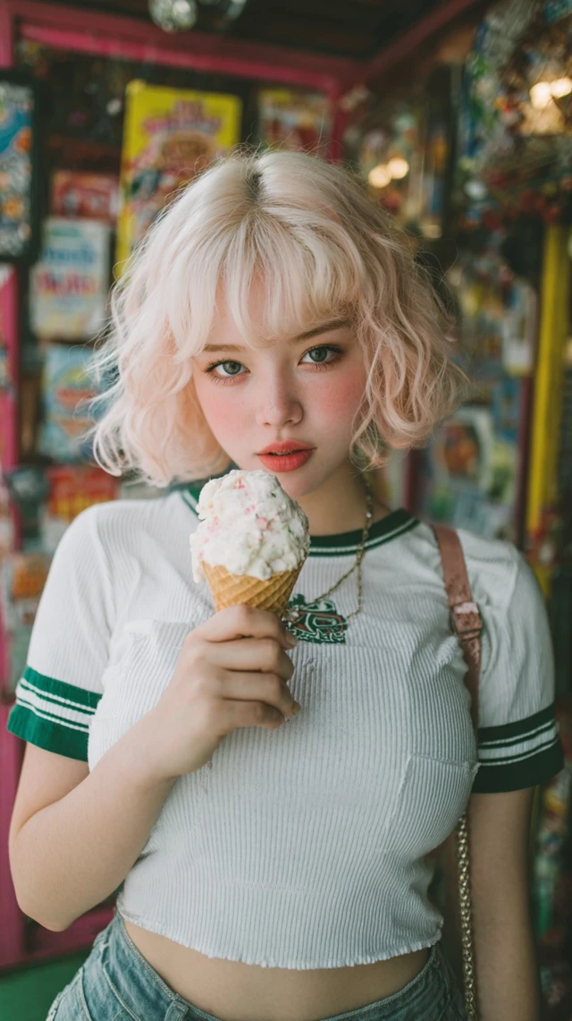 Young Woman With Ice Cream In Park