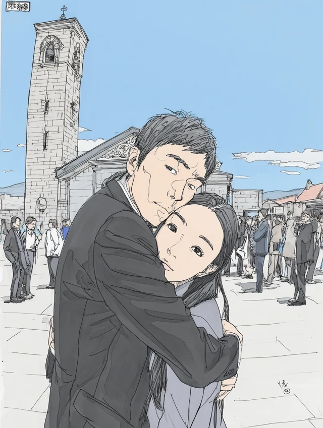 Man and Woman Embracing Church Backdrop