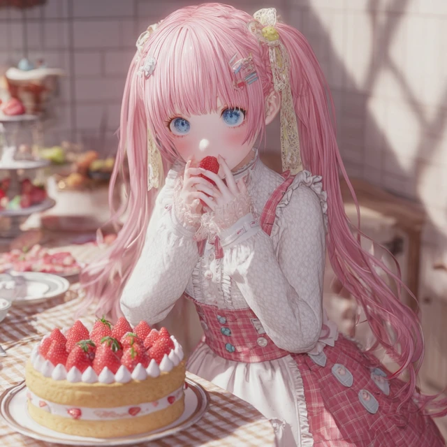 Anime Girl with Pink Hair and Strawberry Cake