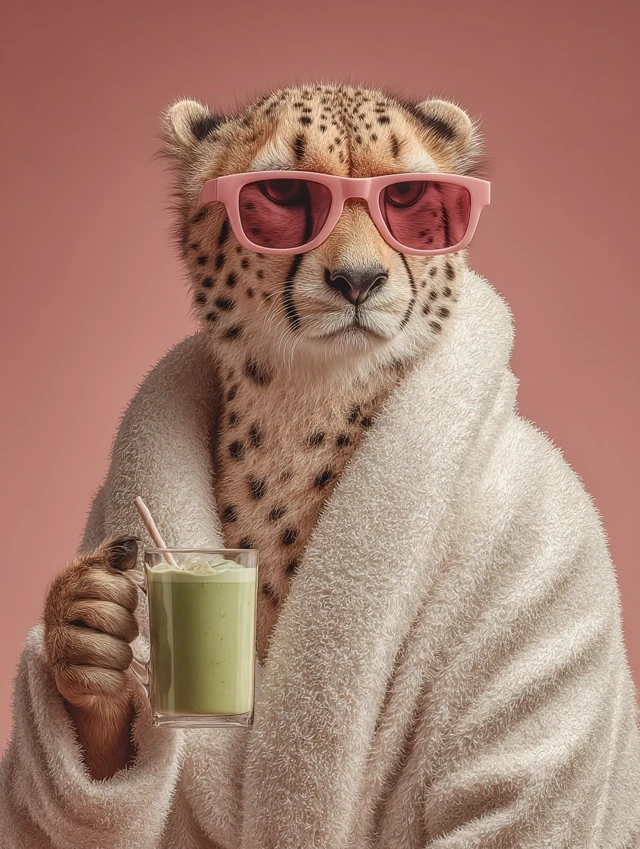 Cheetah in Sunglasses and Robe Relaxing with Matcha