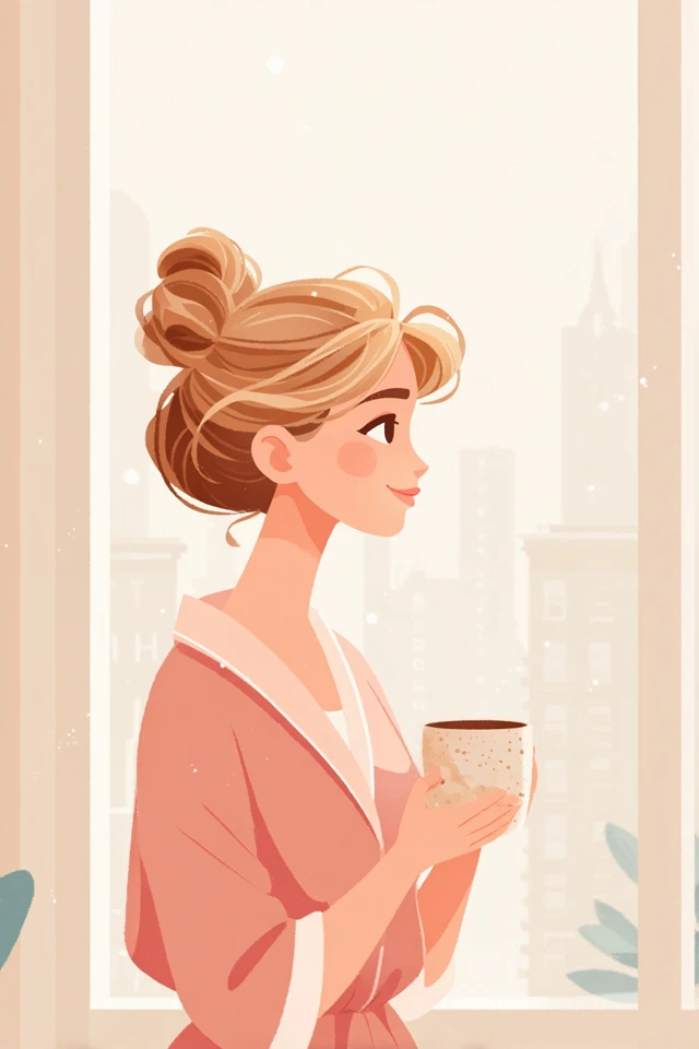 Blonde Woman Drinking Coffee in Apartment Illustration
