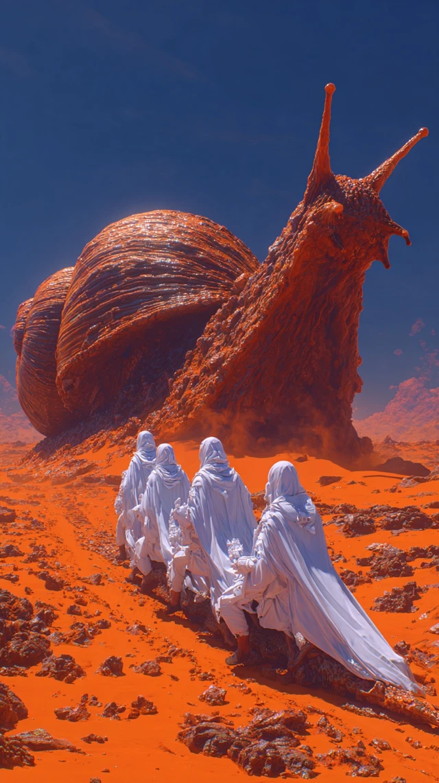 Alien Monks Riding Snail in Desert