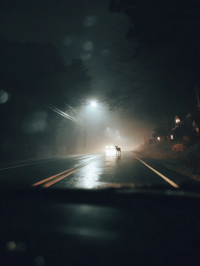 Night Road Scene Deer Crossing Windshield View