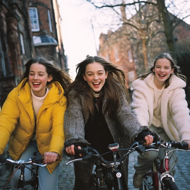 Friends Riding Bikes Laughing Full Color Photo